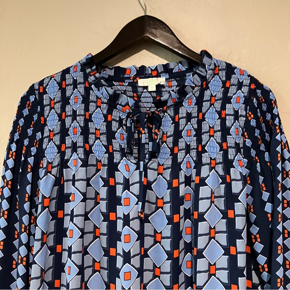 Jade Melody Tam Blue Navy Smocked Neck Tie Peasant Boho Long Sleeve Blouse Sz M - Picture 6 of 14